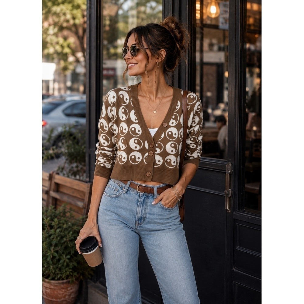 Nikkak Yin Yang Button Front Cardigan Sweater Small